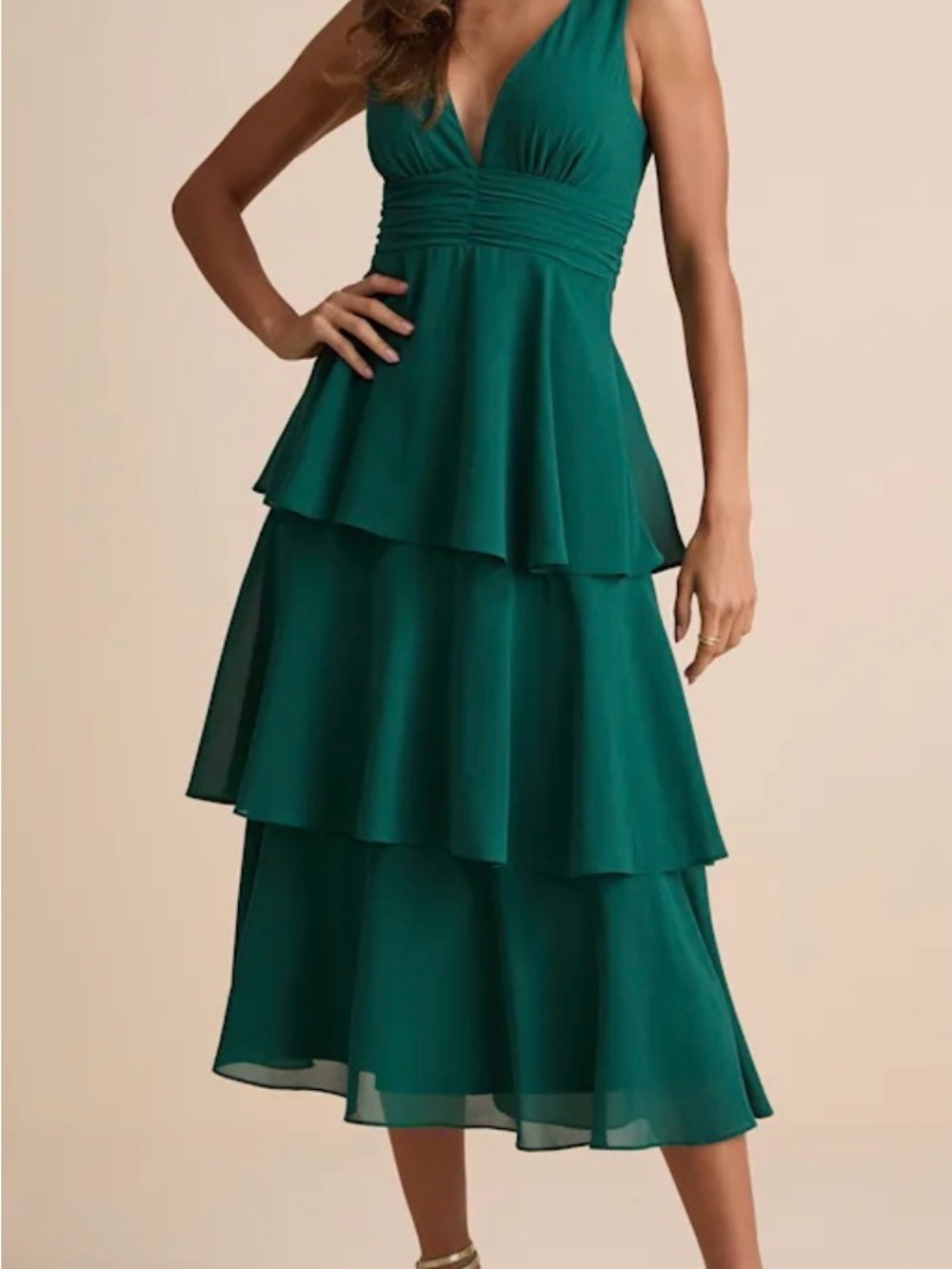 Lulus - NWT - Celebration Time - Women's Emerald Green Tiered V-Neck Dress
